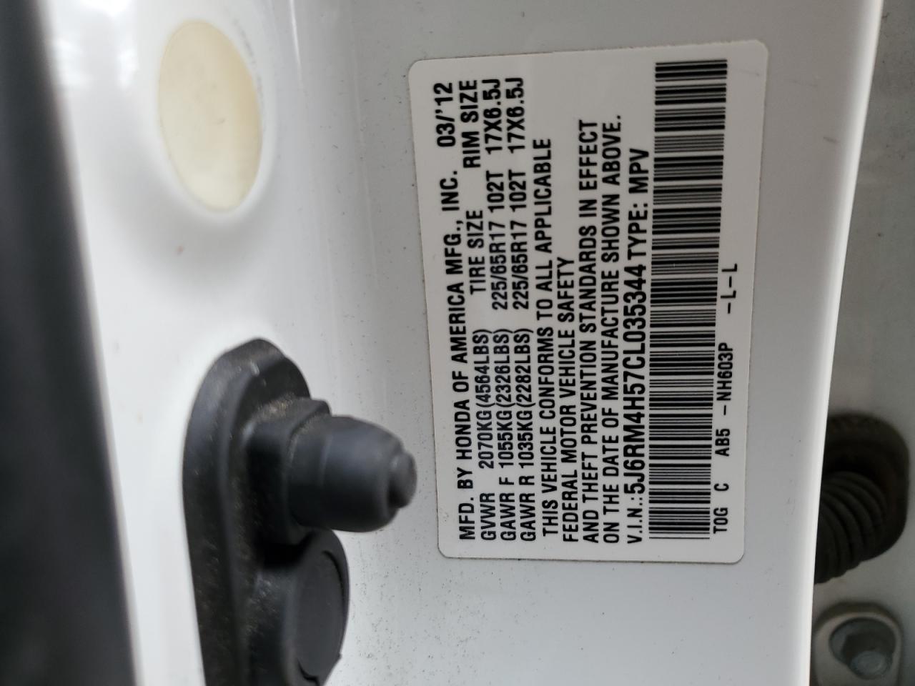 2012 Honda CR-V VIN 5J6RM4H57CL035344 Copart auction photo, front end damage thumbnail 14