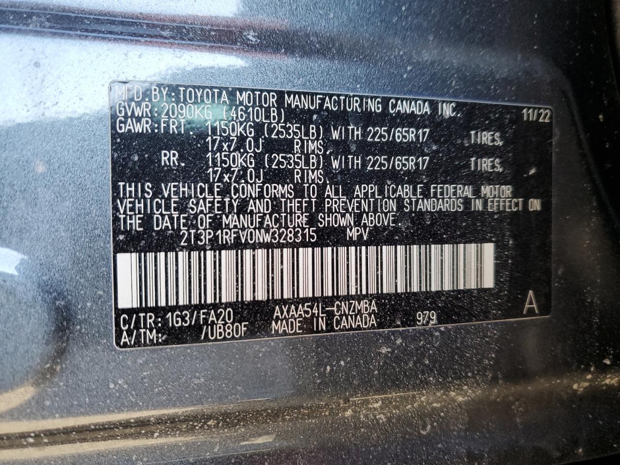 2022 Toyota RAV 4 VIN 2T3P1RFV0NW328315 Copart auction photo, front end / side damage thumbnail 13