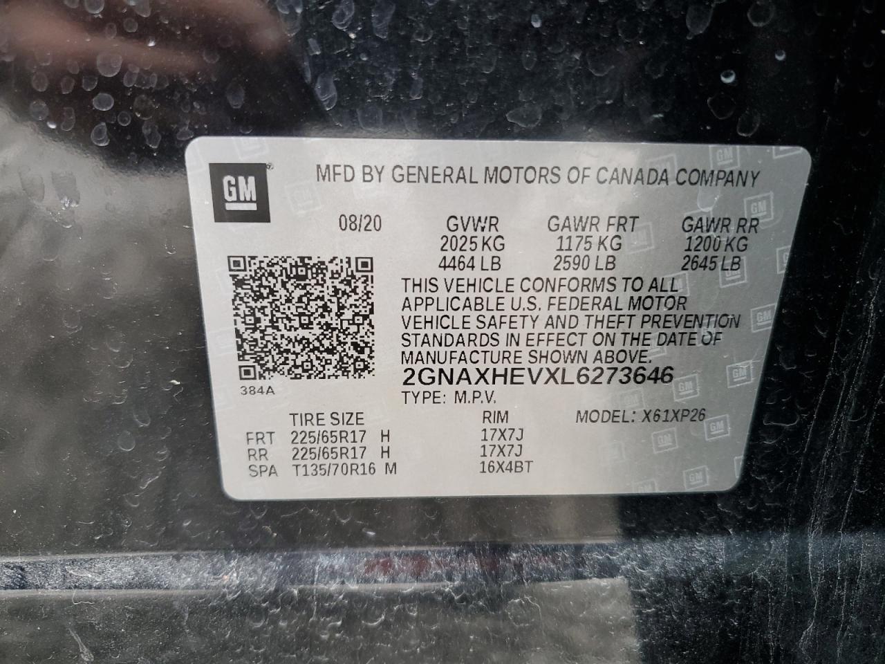 2020 Chevrolet Equinox VIN 2GNAXHEVXL6273646 Copart auction photo, rear end damage thumbnail 13