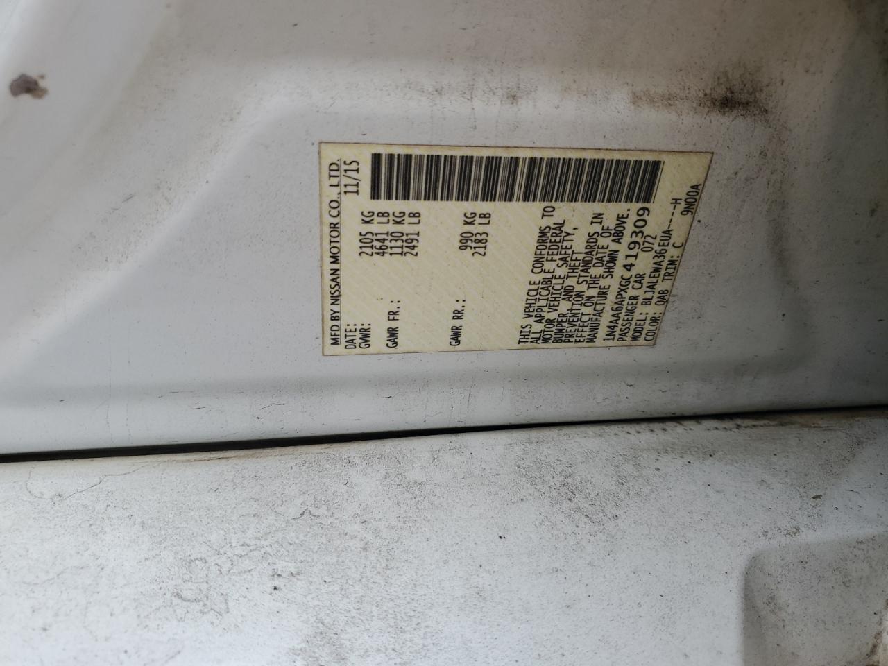 2016 Nissan Maxima VIN 1N4AA6APXGC419309 Copart auction photo, front end / minor dent/scratches damage thumbnail 13