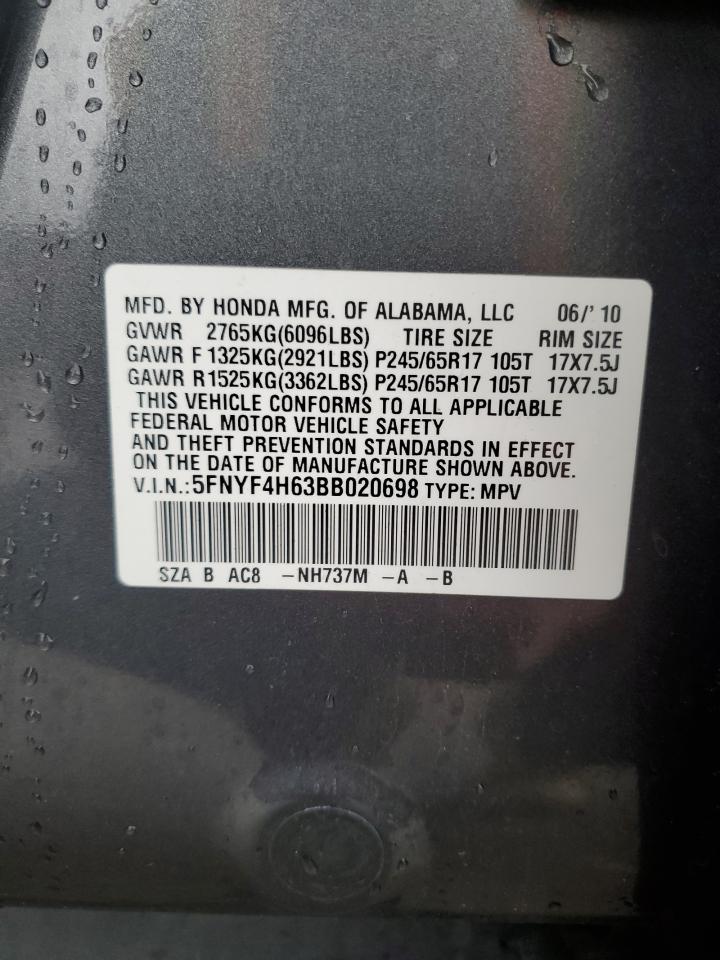 2011 Honda Pilot VIN 5FNYF4H63BB020698 Copart auction photo, front end damage thumbnail 15