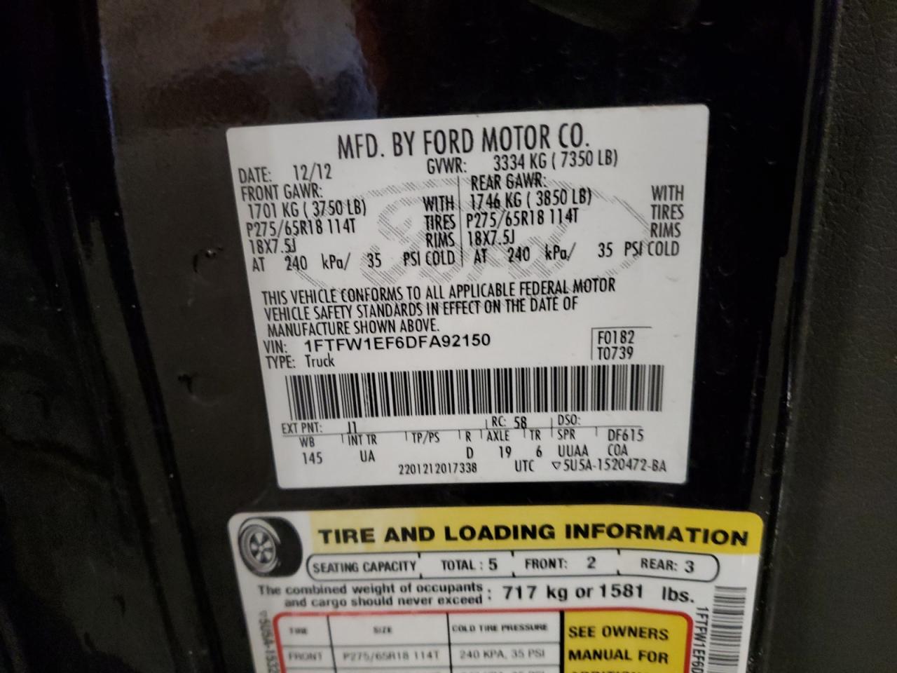 2013 Ford F-150 VIN 1FTFW1EF6DFA92150 Copart auction photo, side damage thumbnail 12