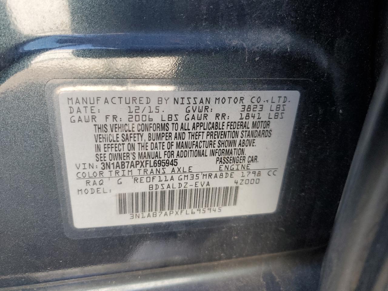 2015 Nissan Sentra VIN 3N1AB7APXFL695945 Copart auction photo, front end / side damage thumbnail 14