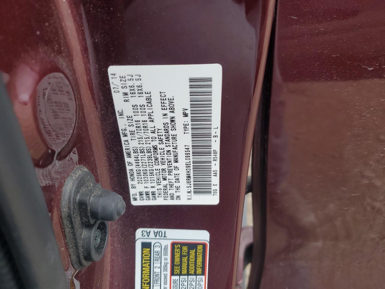 2014 Honda CR-V VIN 5J6RM4H39EL099547 Copart auction photo, front end damage thumbnail 14
