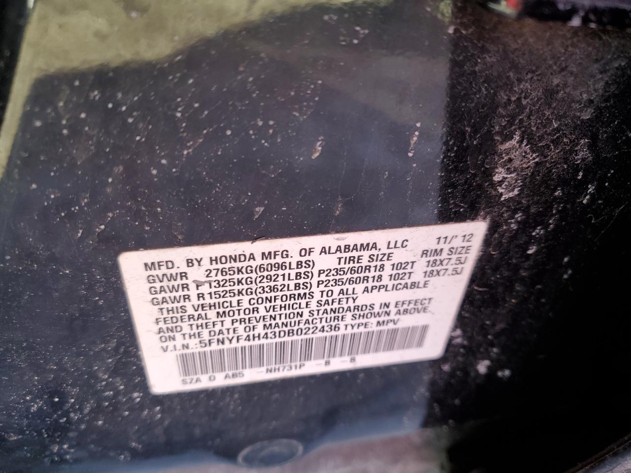 2013 Honda Pilot VIN 5FNYF4H43DB022436 Copart auction photo, rear end damage thumbnail 13