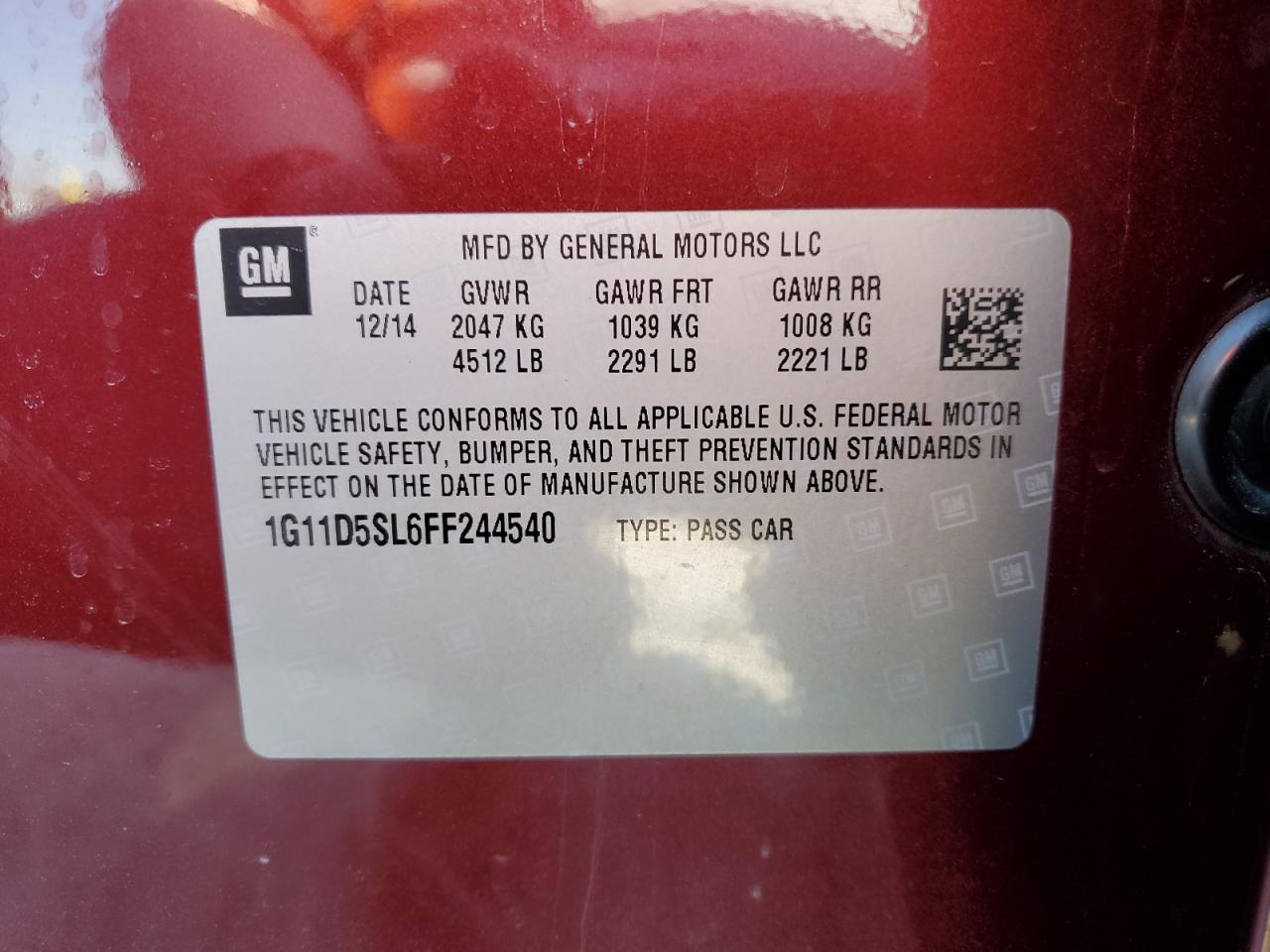 2015 Chevrolet Malibu VIN 1G11D5SL6FF244540 Copart auction photo, front end / mechanical damage thumbnail 12
