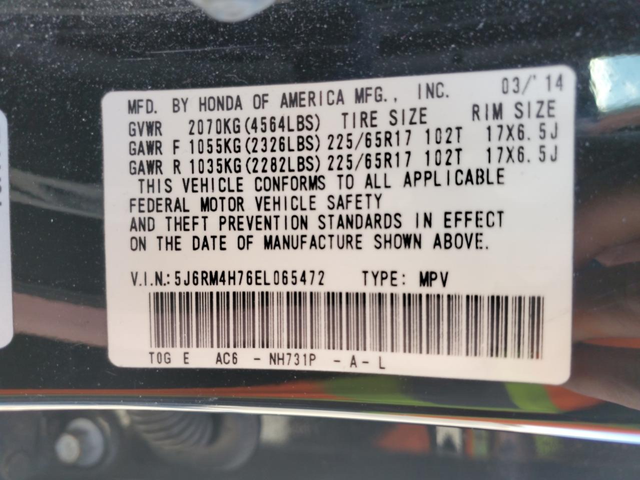 2014 Honda CR-V VIN 5J6RM4H76EL065472 Copart auction photo, side damage thumbnail 13