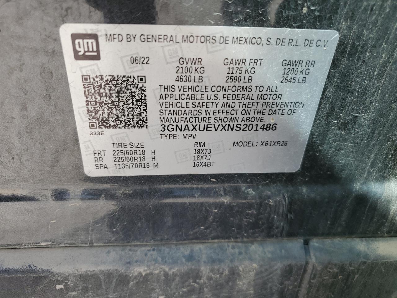 2022 Chevrolet Equinox VIN 3GNAXUEVXNS201486 Copart auction photo, front end / side damage thumbnail 14