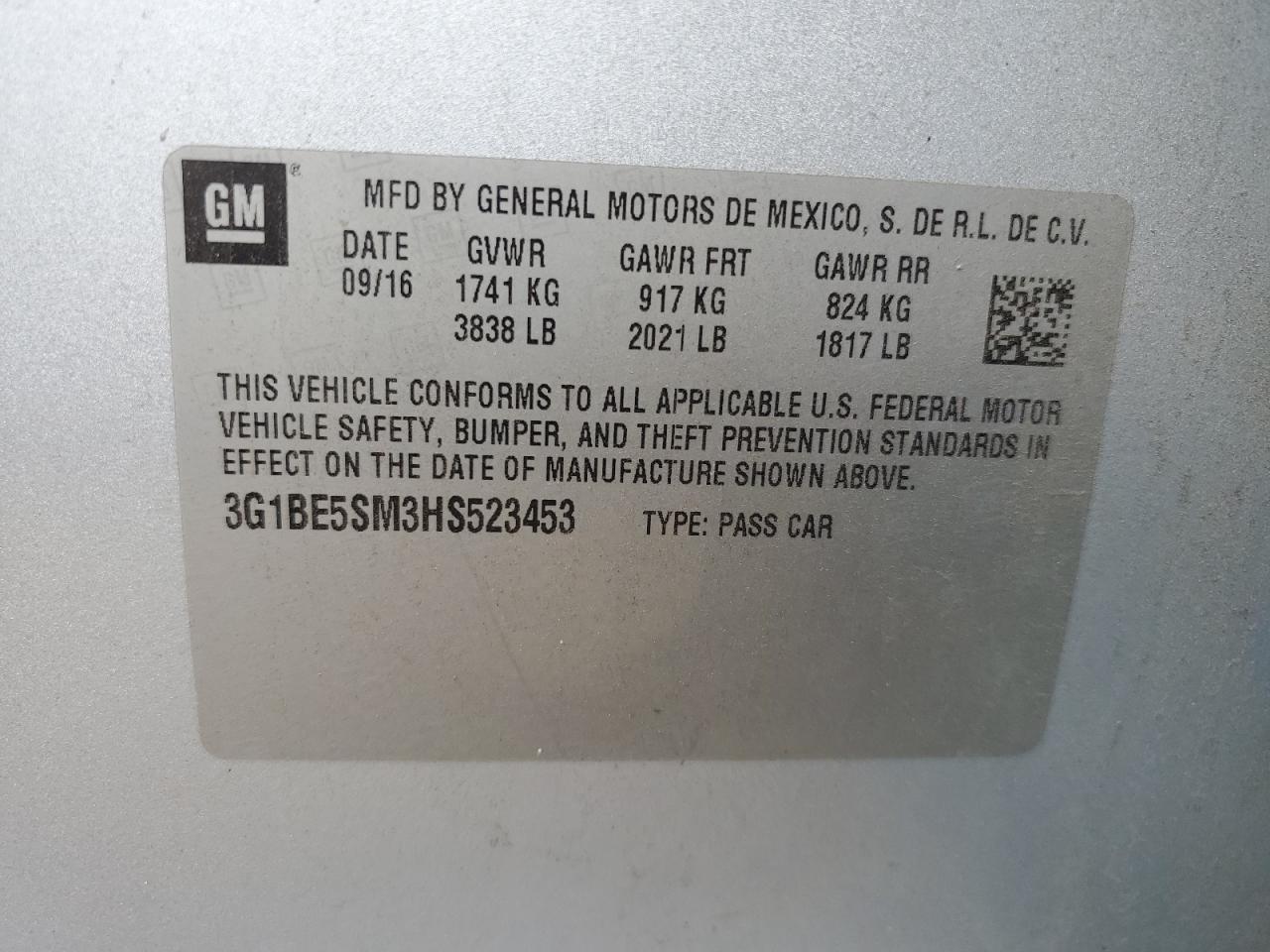 2017 Chevrolet Cruze VIN 3G1BE5SM3HS523453 Copart auction photo, hail / rear end damage thumbnail 12