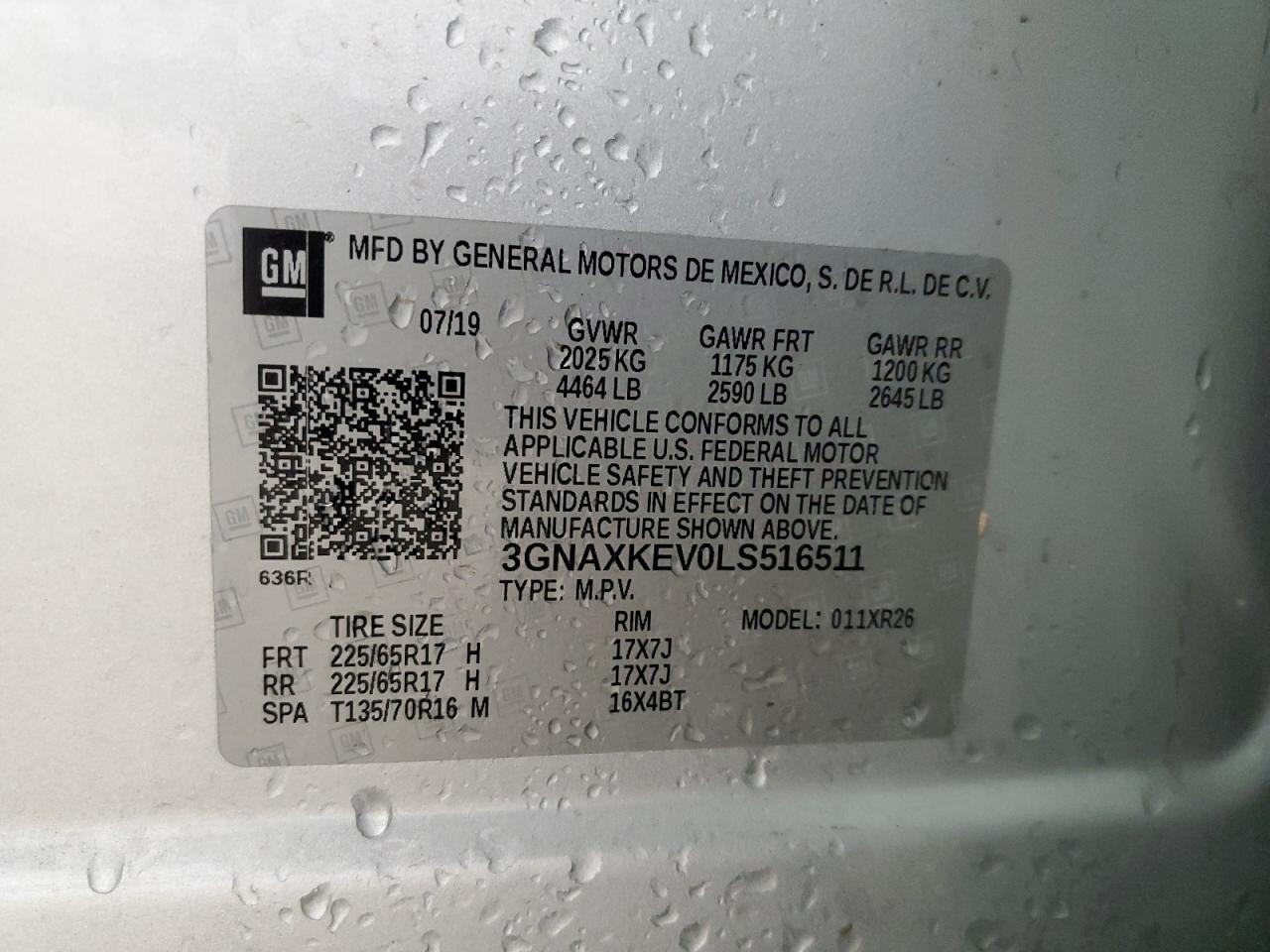 2020 Chevrolet Equinox VIN 3GNAXKEV0LS516511 Copart auction photo, all over damage thumbnail 13