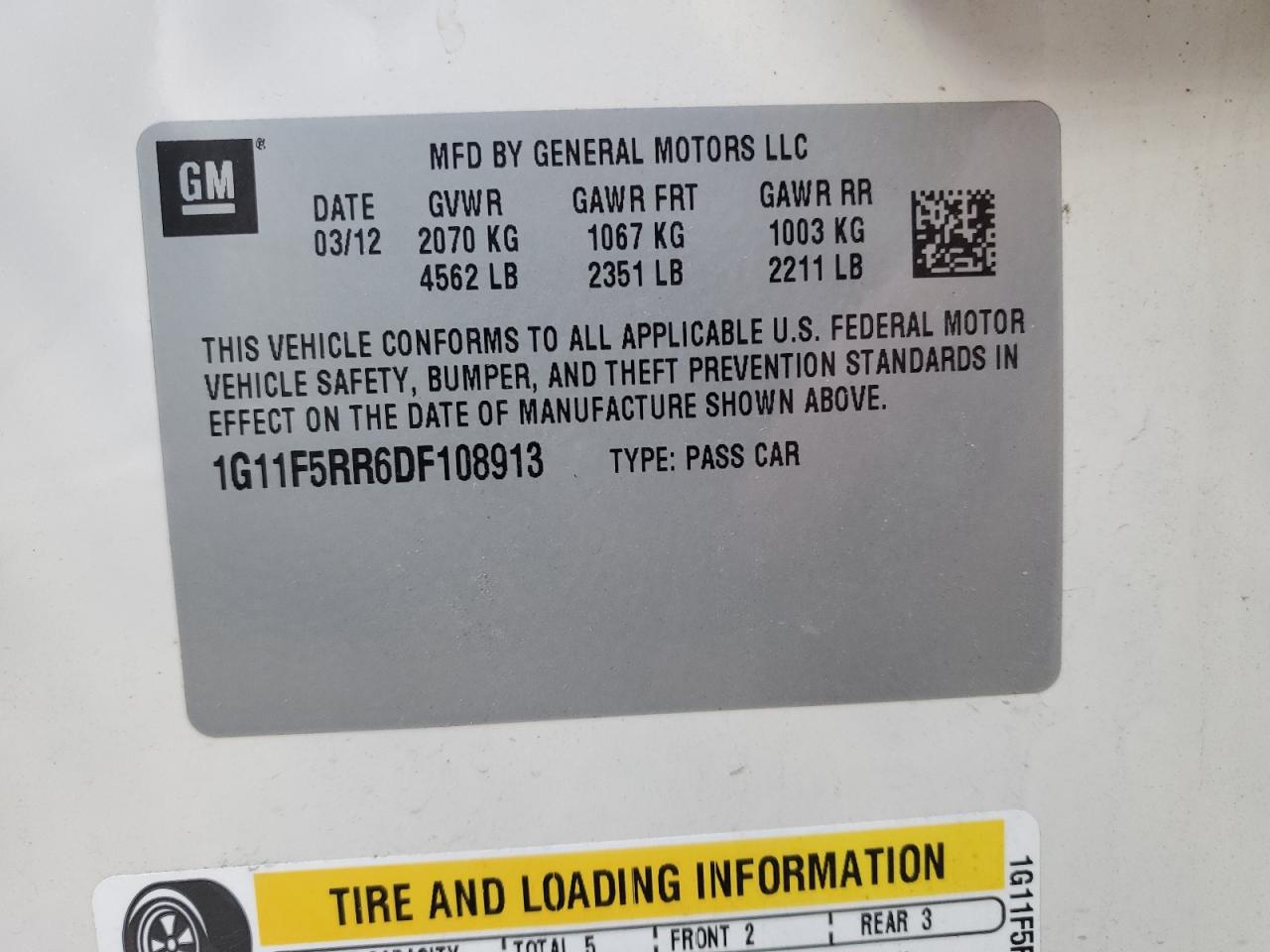2013 Chevrolet Malibu VIN 1G11F5RR6DF108913 Copart auction photo, all over damage thumbnail 12