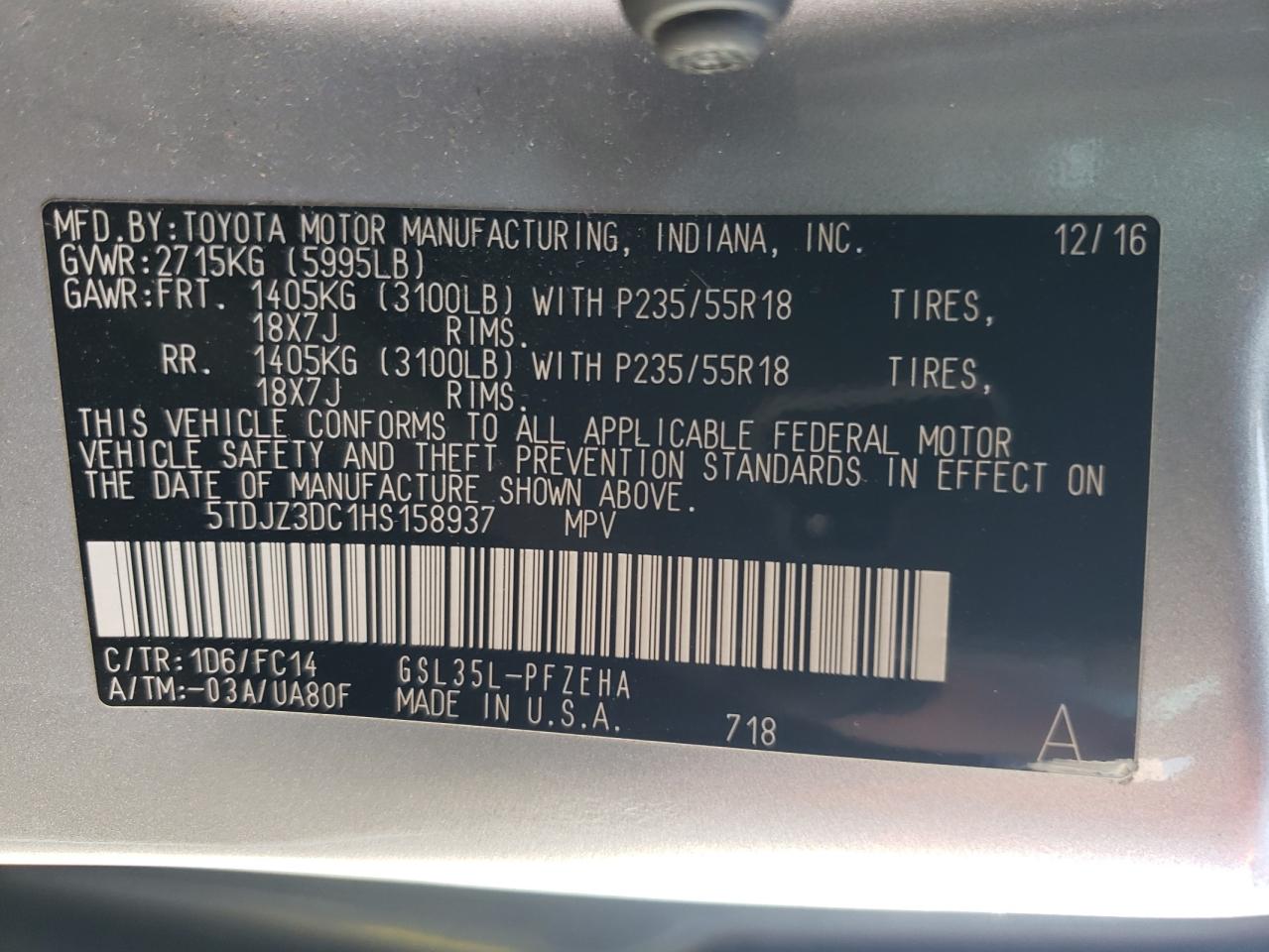 2017 Toyota Sienna VIN 5TDJZ3DC1HS158937 Copart auction photo, front end / rear end damage thumbnail 14