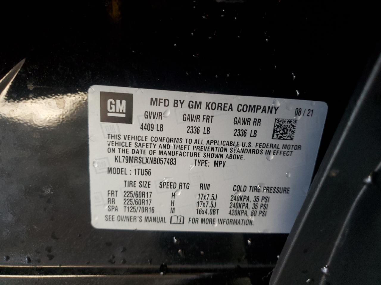2022 Chevrolet TrailBlazer VIN KL79MRSLXNB057483 Copart auction photo, rear end damage thumbnail 15