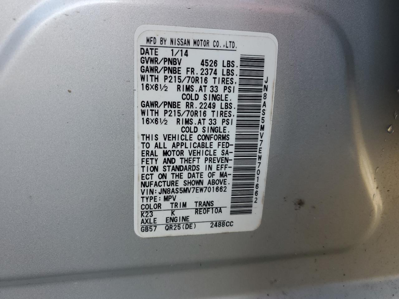 2014 Nissan Rogue VIN JN8AS5MV7EW701662 Copart auction photo, rear end damage thumbnail 13