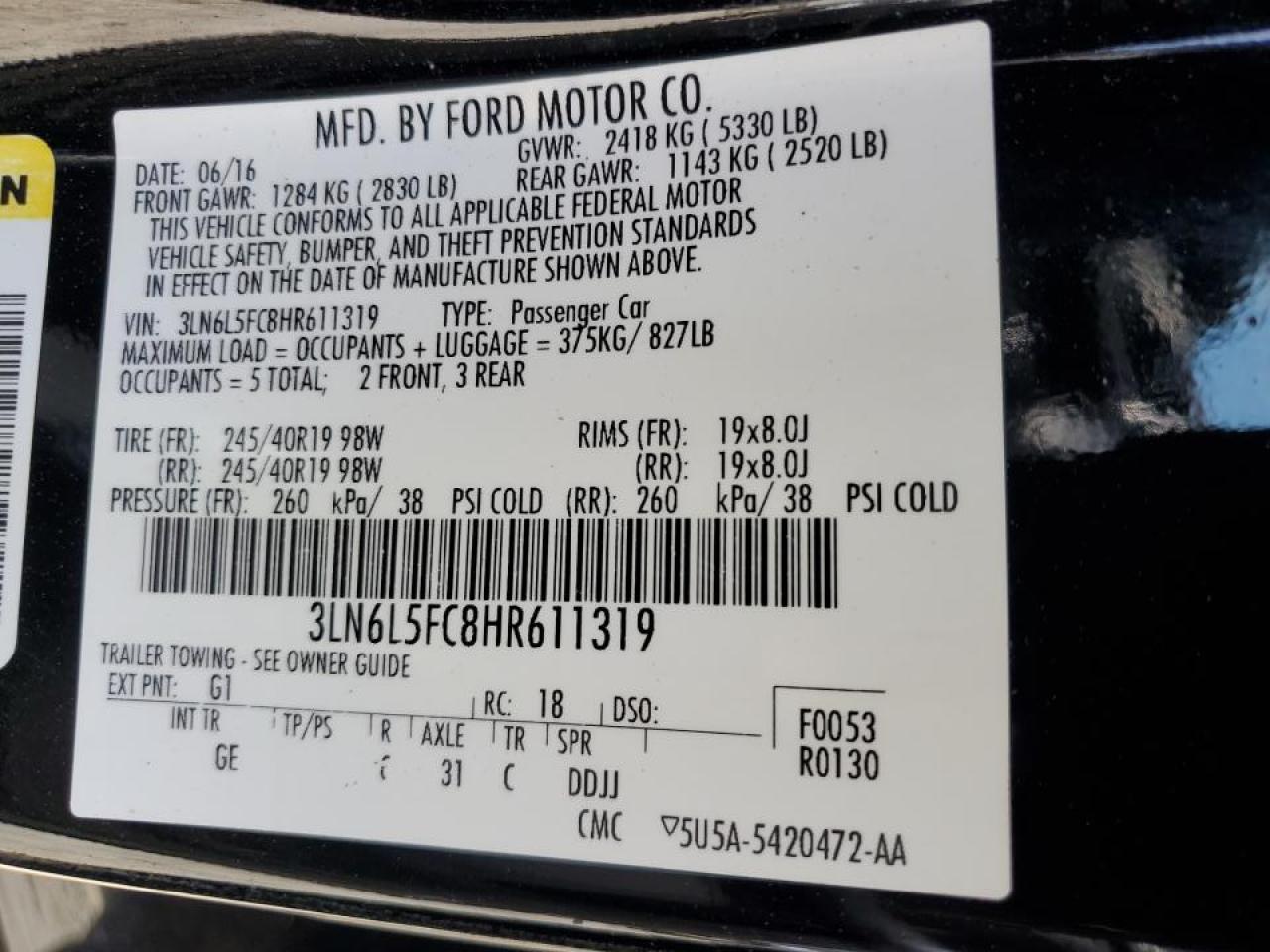 2017 Lincoln MKZ VIN 3LN6L5FC8HR611319 Copart auction photo, front end / rear end damage thumbnail 14