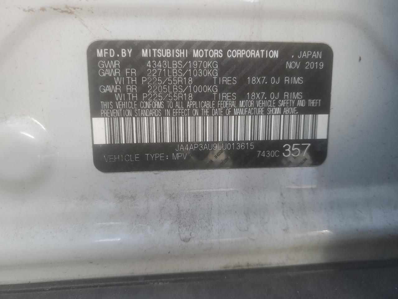 2020 Mitsubishi Outlander VIN JA4AP3AU9LU013615 Copart auction photo, front end damage thumbnail 13