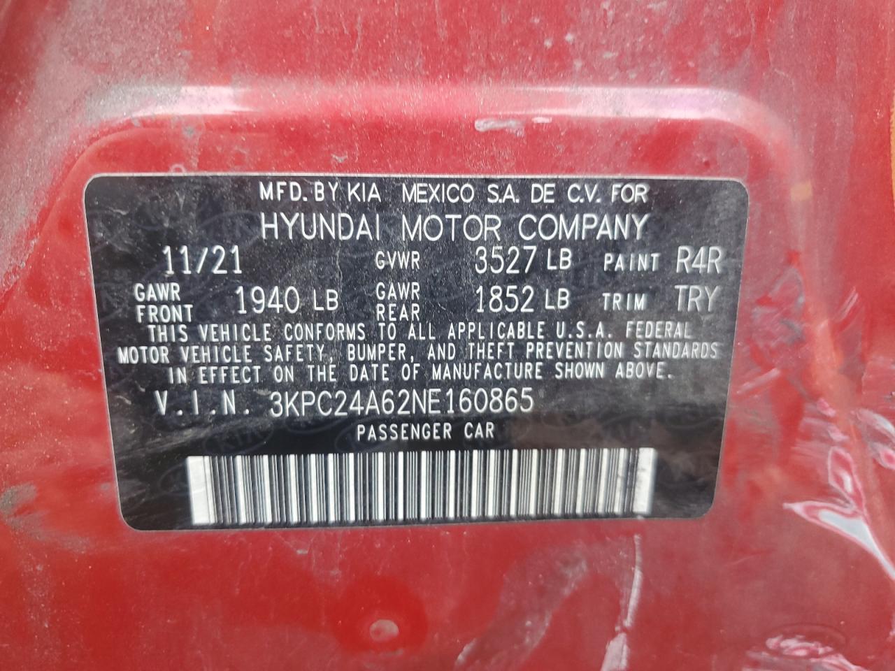 2022 Hyundai Accent VIN 3KPC24A62NE160865 Copart auction photo, side / rear end damage thumbnail 14