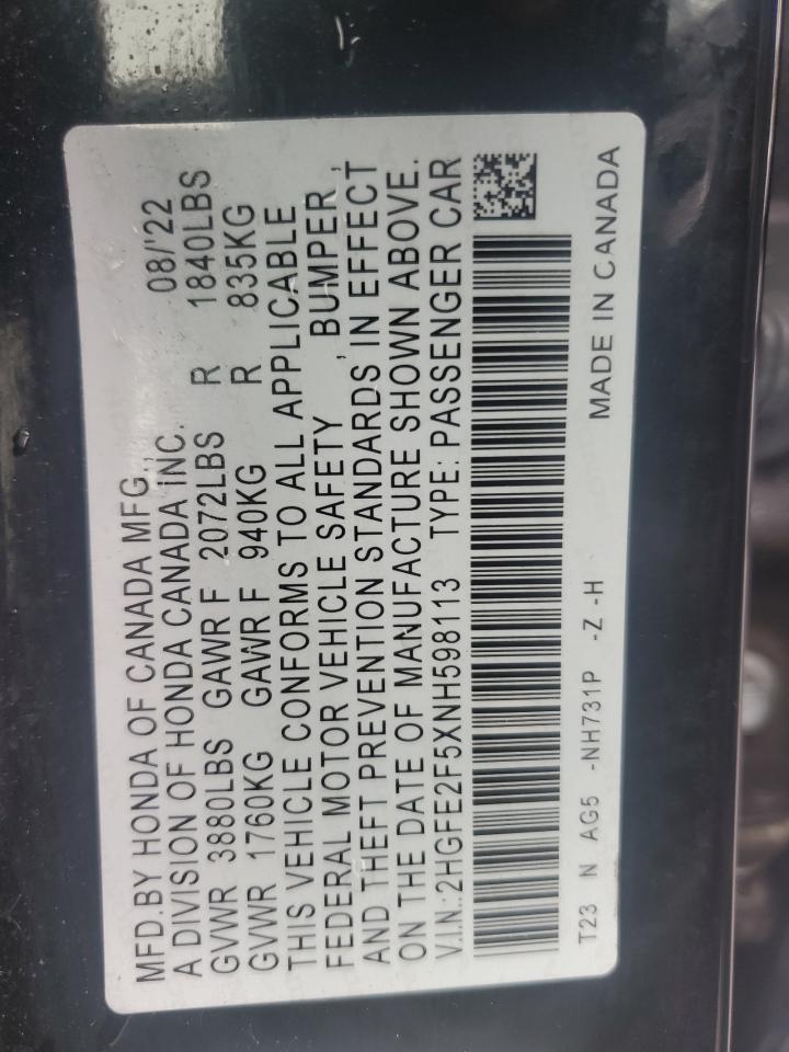 2022 Honda Civic VIN 2HGFE2F5XNH598113 Copart auction photo, front end damage thumbnail 12