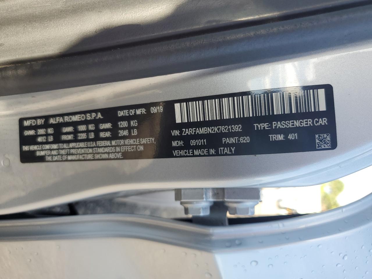2019 Alfa Romeo Giulia VIN ZARFAMBN2K7621392 Copart auction photo, front end / side damage thumbnail 12