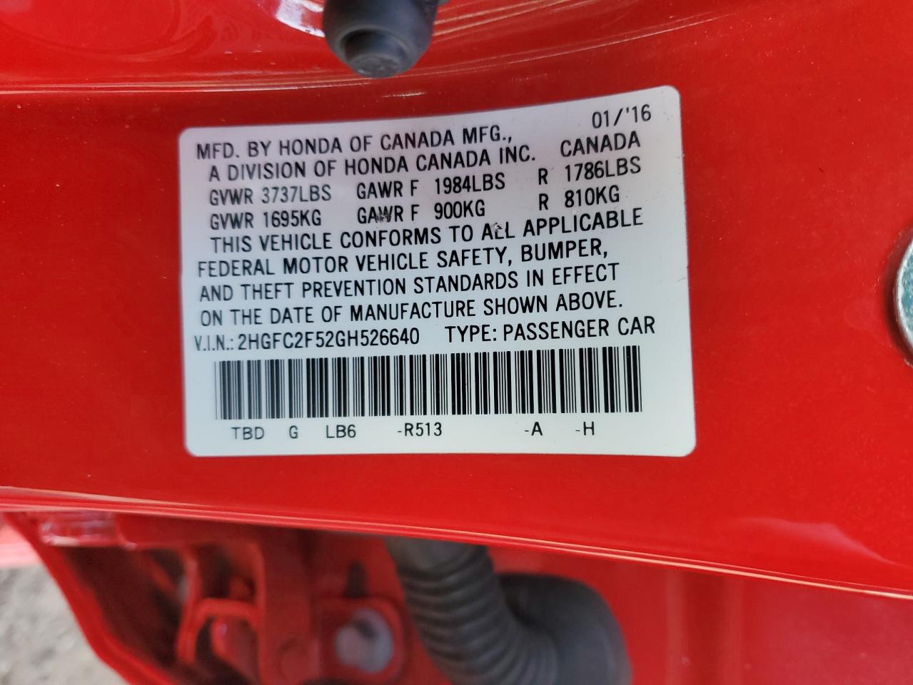 2016 Honda Civic VIN 2HGFC2F52GH526640 Copart auction photo, front end damage thumbnail 14