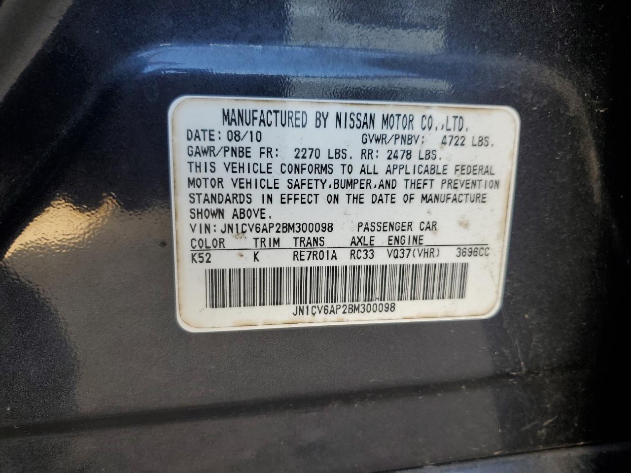 2011 Infiniti G VIN JN1CV6AP2BM300098 Copart auction photo, front end damage thumbnail 14