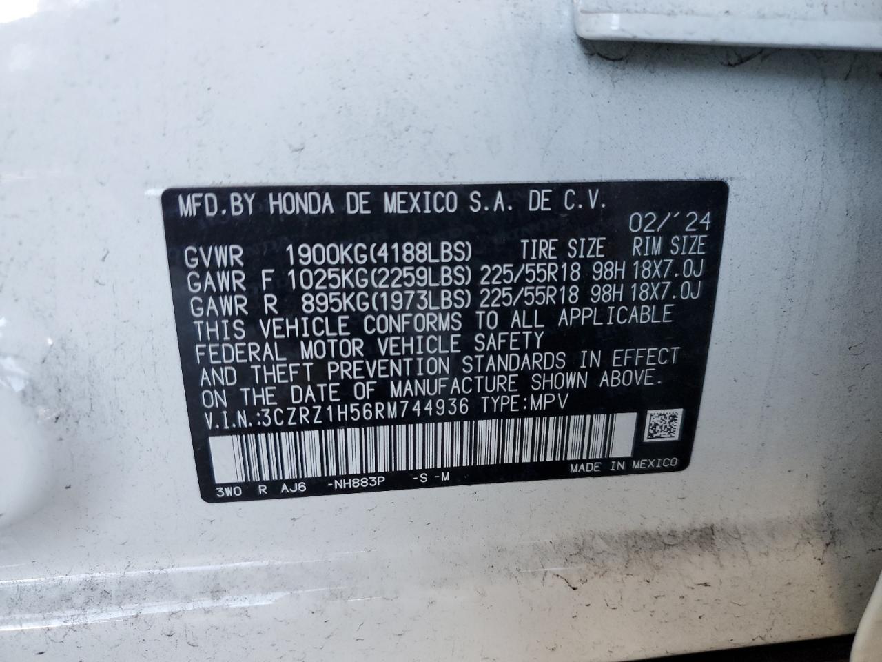 2024 Honda HR-V VIN 3CZRZ1H56RM744936 Copart auction photo, front end / rear end damage thumbnail 13