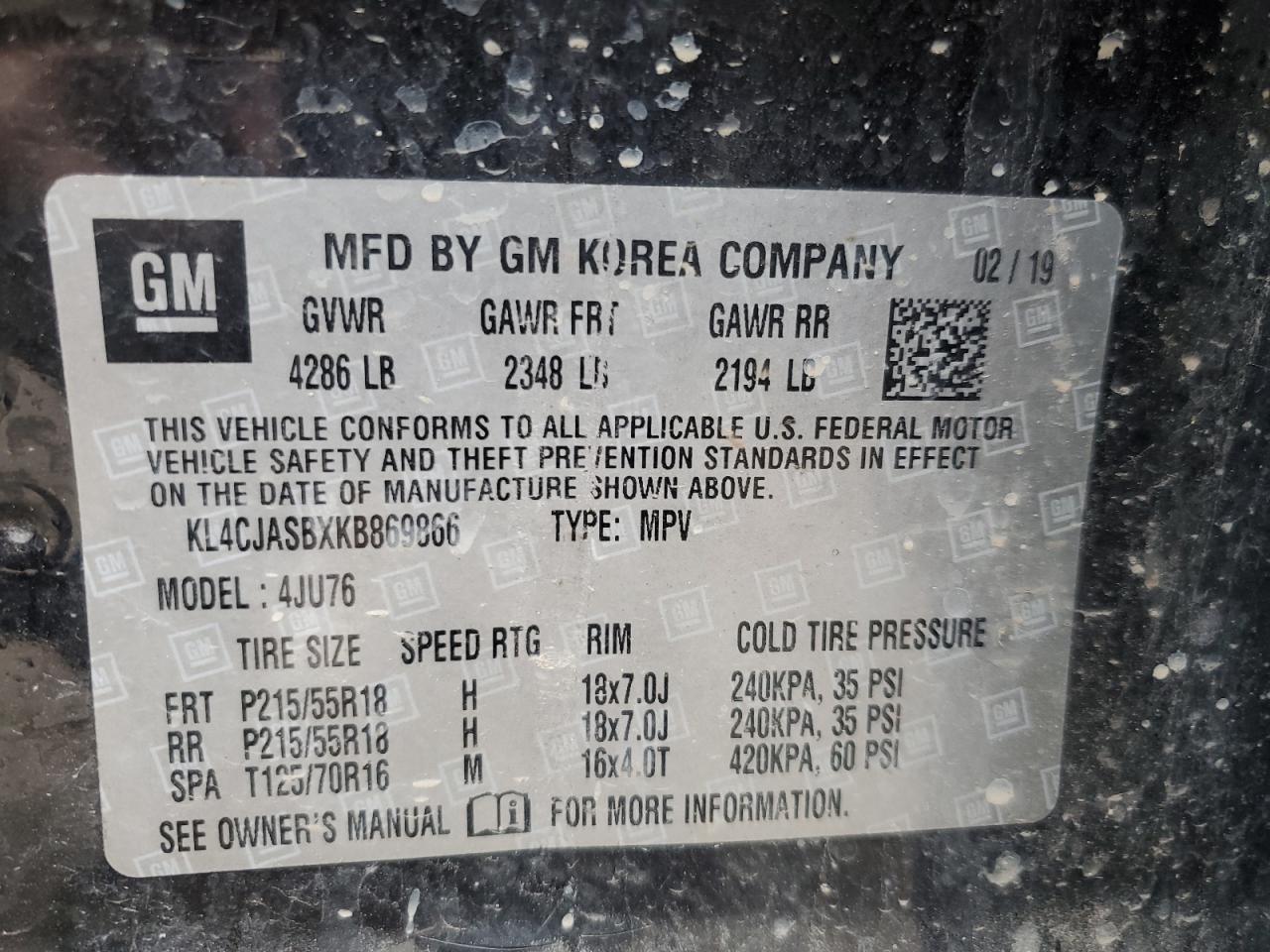 2019 Buick Encore VIN KL4CJASBXKB869866 Copart auction photo, side / minor dent/scratches damage thumbnail 13