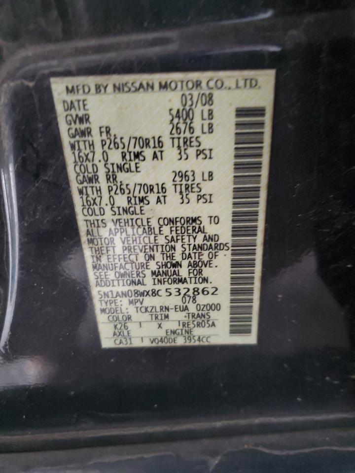 2008 Nissan XTerra VIN 5N1AN08WX8C532862 Copart auction photo, side damage thumbnail 12