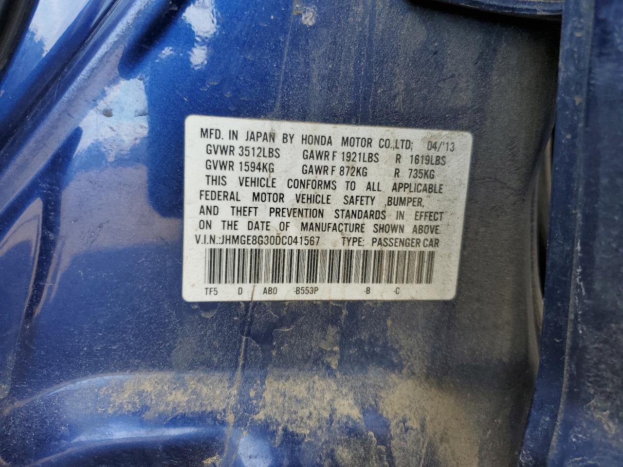 2013 Honda Fit VIN JHMGE8G30DC041567 Copart auction photo, front end damage thumbnail 14