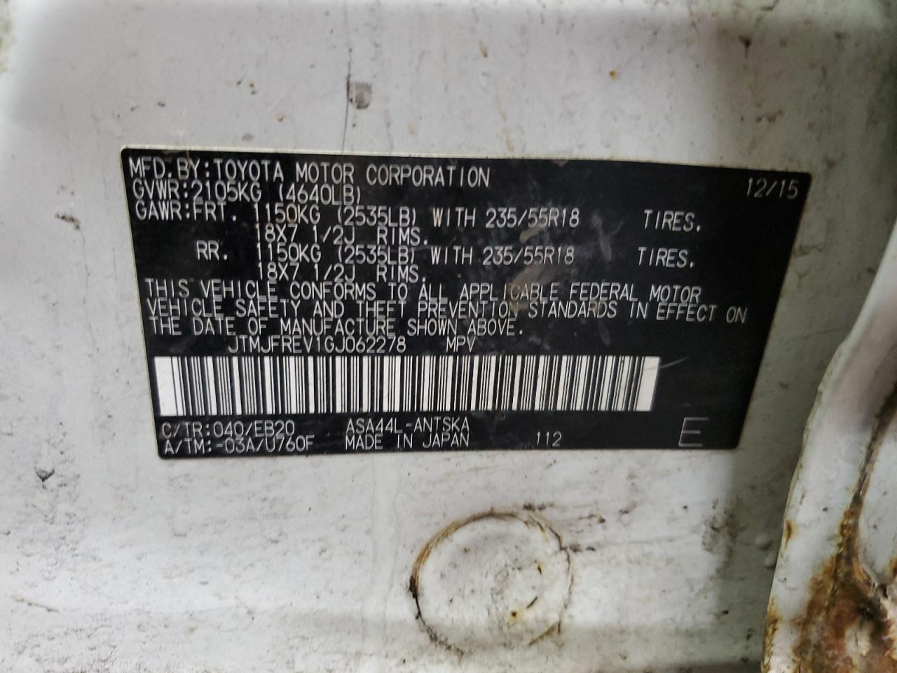 2016 Toyota RAV 4 VIN JTMJFREV1GJ062278 Copart auction photo, all over damage thumbnail 15
