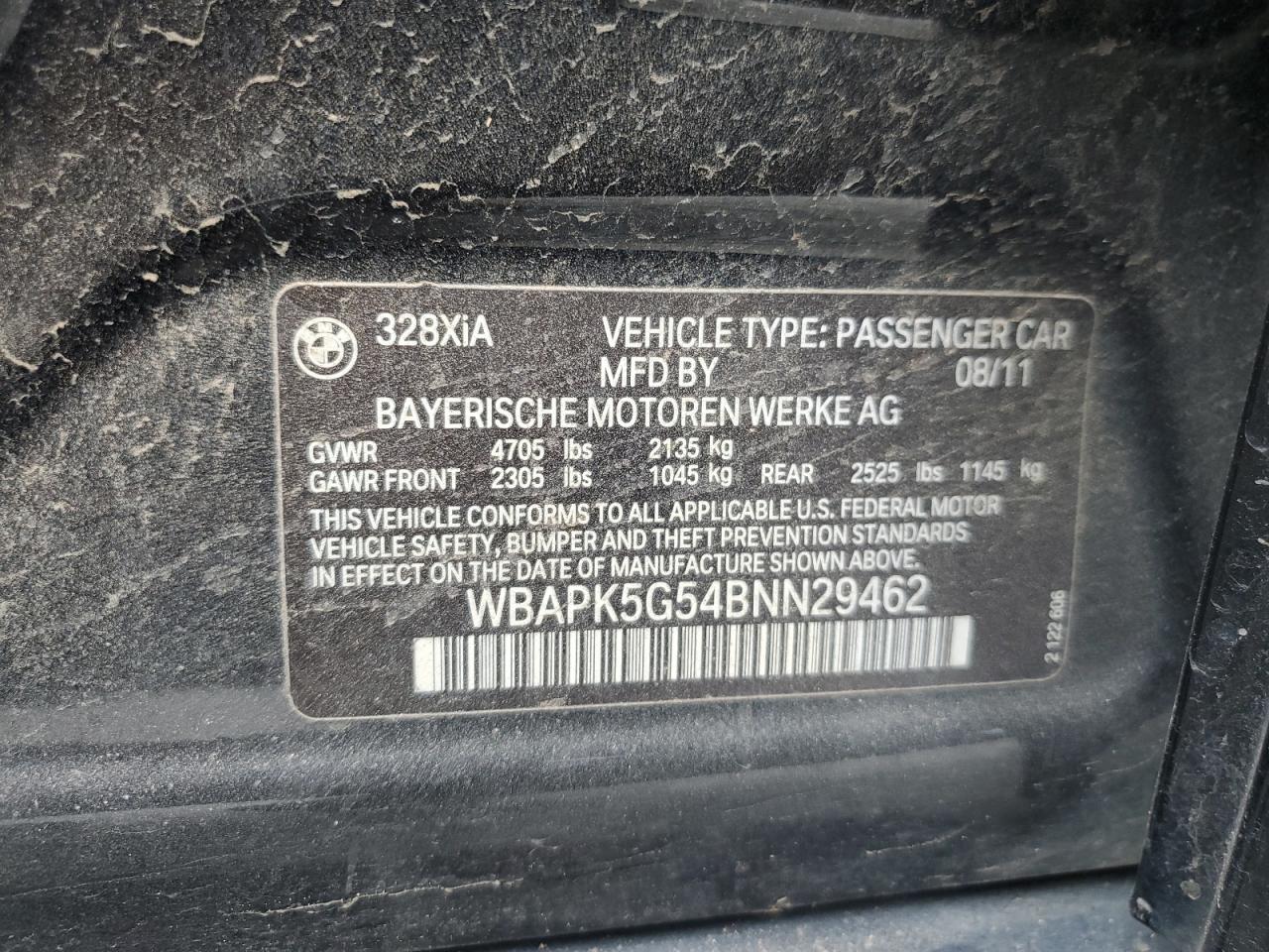2011 BMW 3er VIN WBAPK5G54BNN29462 Copart auction photo, front end damage thumbnail 14
