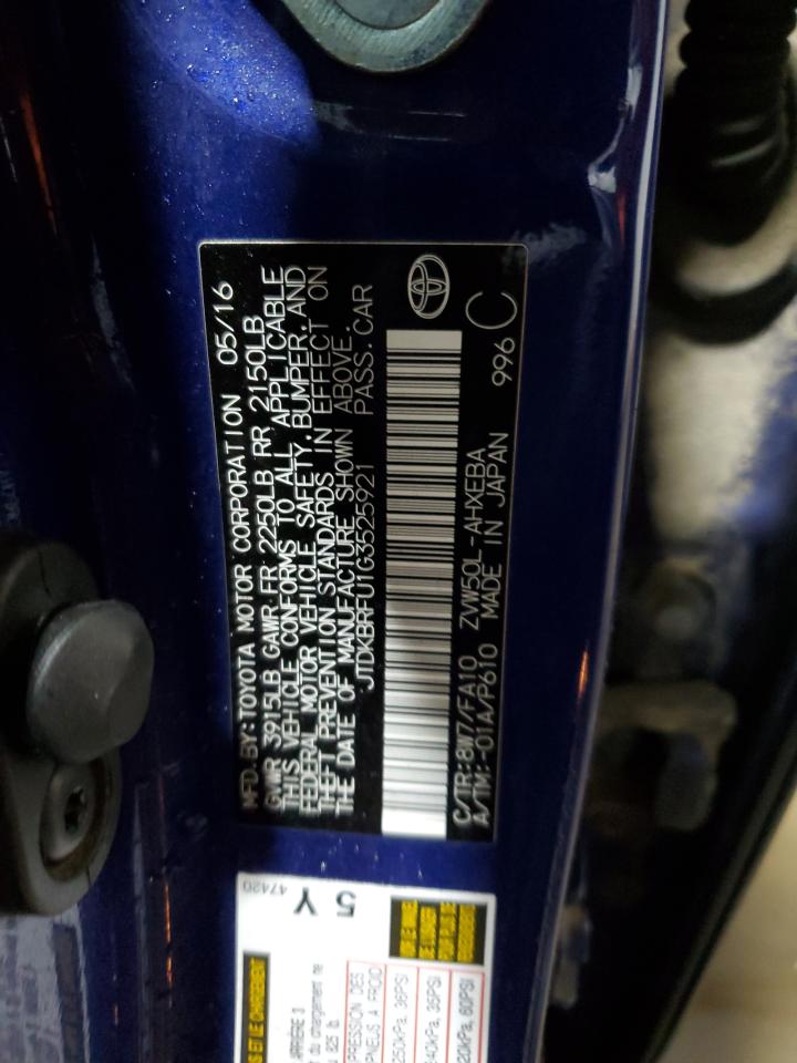 2016 Toyota Prius VIN JTDKBRFU1G3525921 Copart auction photo, front end / rear end damage thumbnail 14