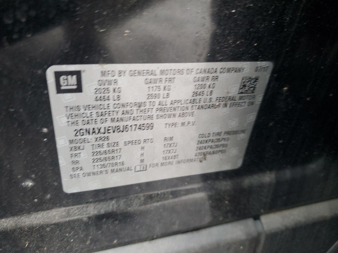 2018 Chevrolet Equinox VIN 2GNAXJEV8J6174599 Copart auction photo, front end / side damage thumbnail 13