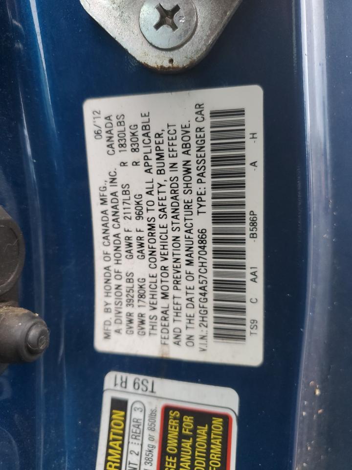 2012 Honda Civic VIN 2HGFG4A57CH704866 Copart auction photo, front end damage thumbnail 12