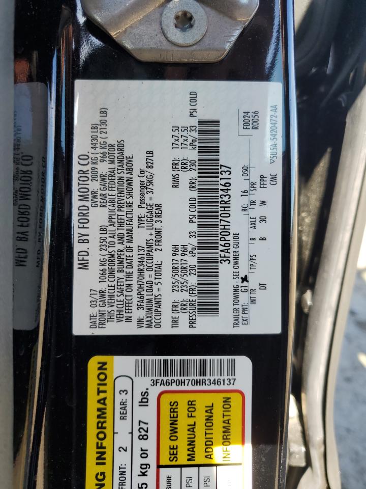 2017 Ford Fusion VIN 3FA6P0H70HR346137 Copart auction photo, front end / minor dent/scratches damage thumbnail 12