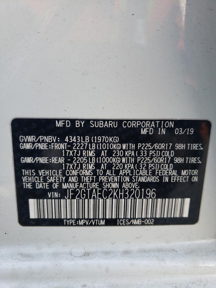 2019 Subaru XV VIN JF2GTAEC2KH320196 Copart auction photo, rear end / front end damage thumbnail 14