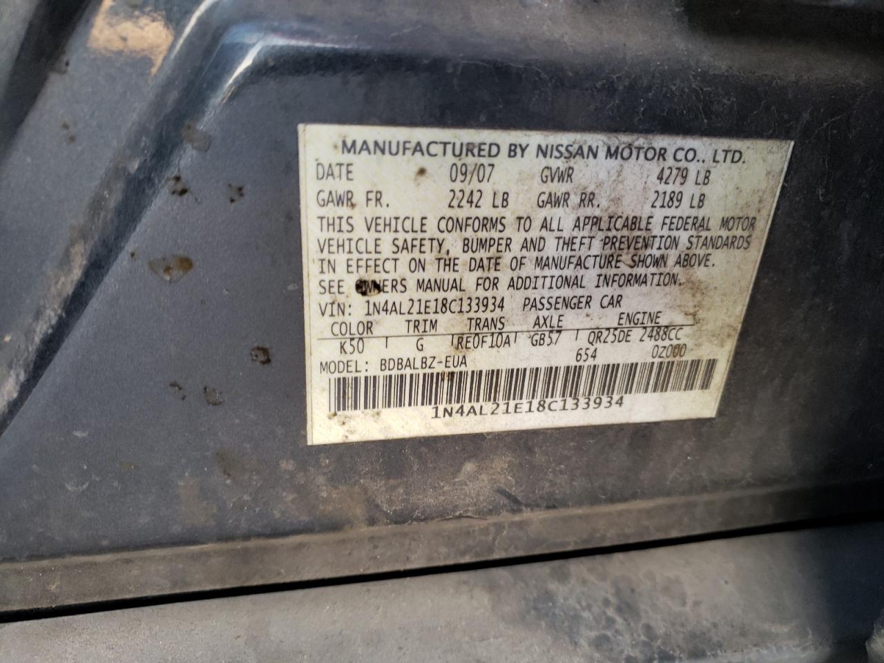 2008 Nissan Altima VIN 1N4AL21E18C133934 Copart auction photo, side / minor dent/scratches damage thumbnail 12