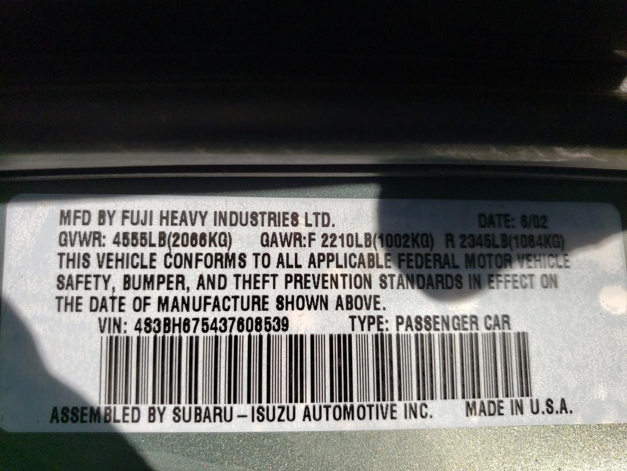2003 Subaru Legacy VIN 4S3BH675437608539 Copart auction photo, vandalism / hail damage thumbnail 15
