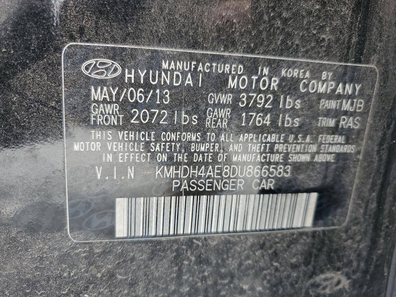 2013 Hyundai Elantra VIN KMHDH4AE8DU866583 Copart auction photo, front end / rear end damage thumbnail 14