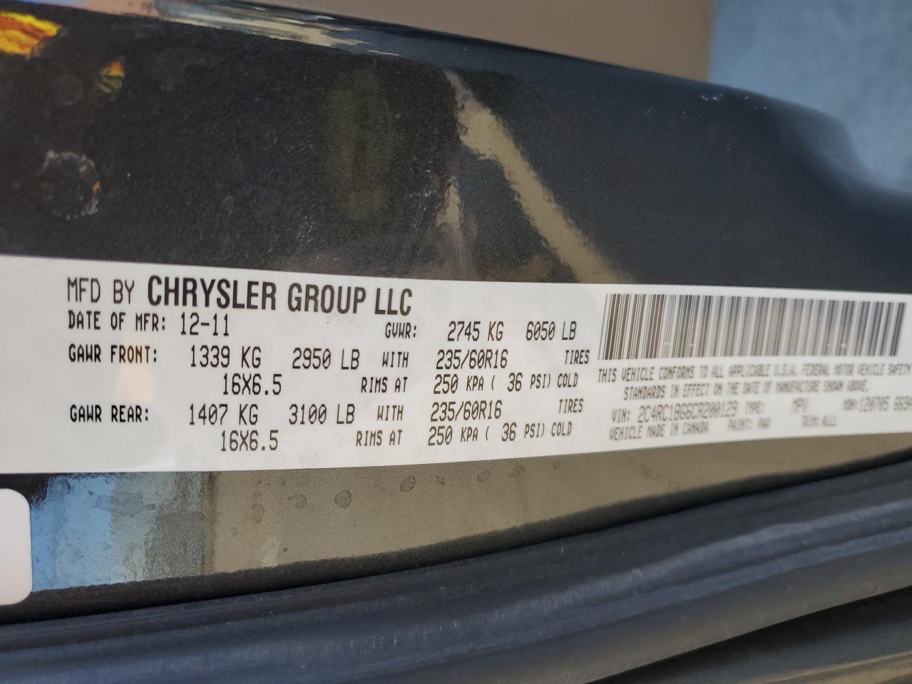 2012 Chrysler Town & Country VIN 2C4RC1BG6CR200129 Copart auction photo, front end damage thumbnail 15