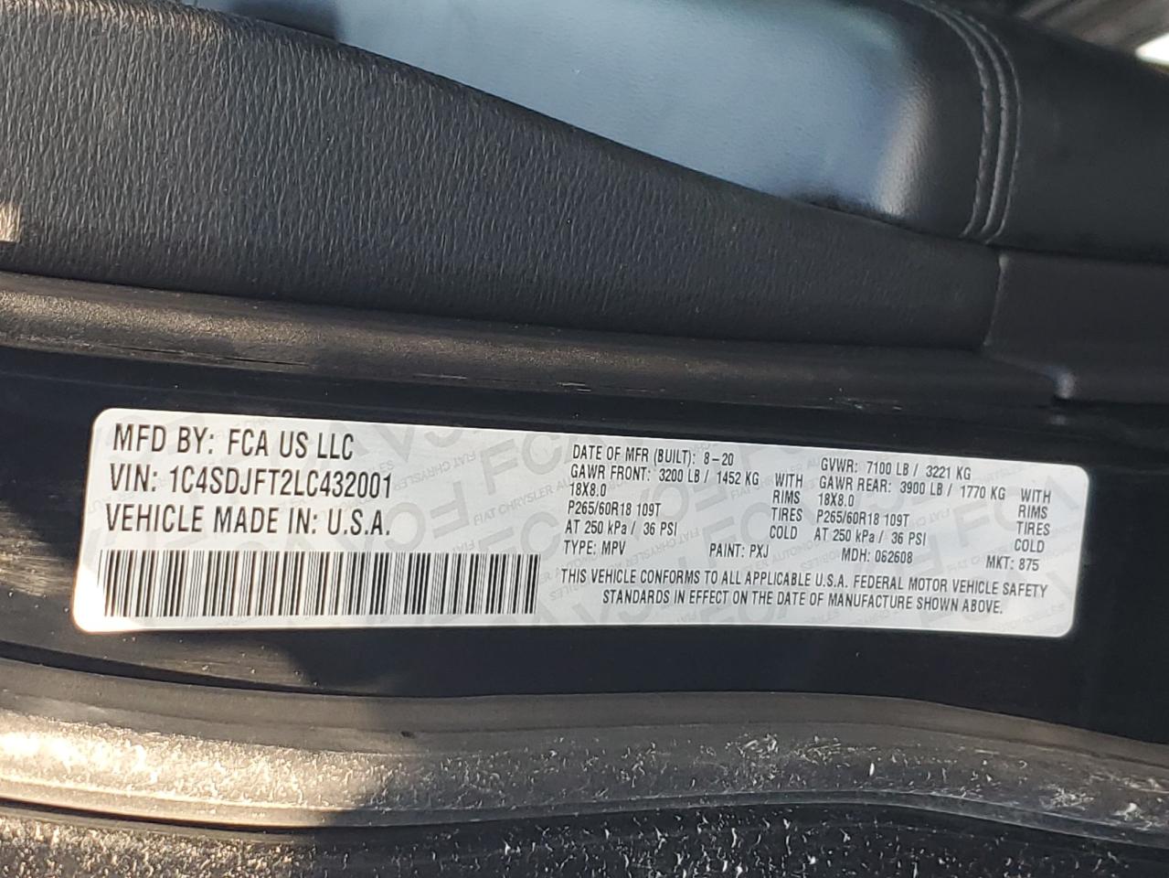 2020 Dodge Durango VIN 1C4SDJFT2LC432001 Copart auction photo, front end / minor dent/scratches damage thumbnail 14