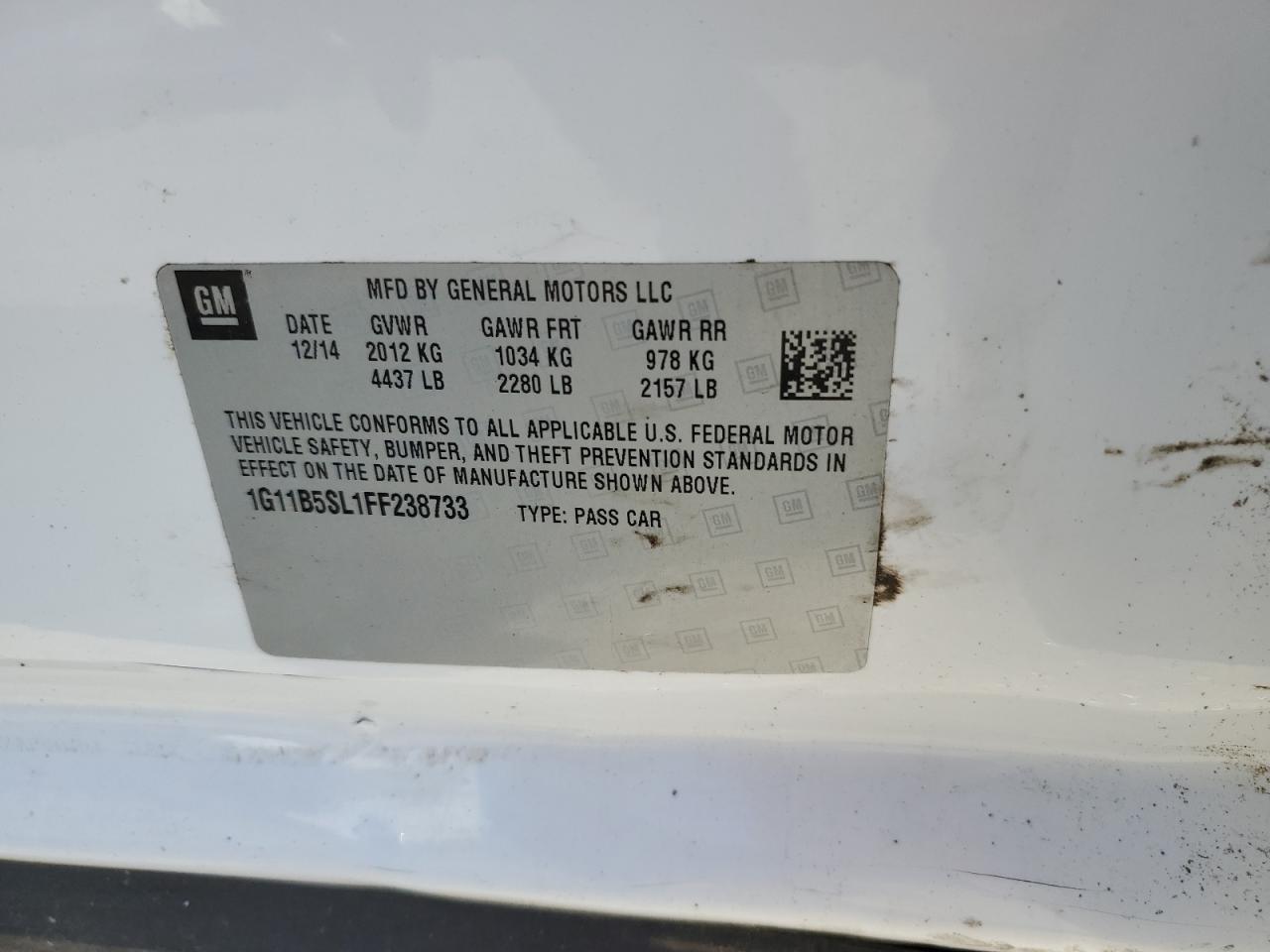 2015 Chevrolet Malibu VIN 1G11B5SL1FF238733 Copart auction photo, front end damage thumbnail 14
