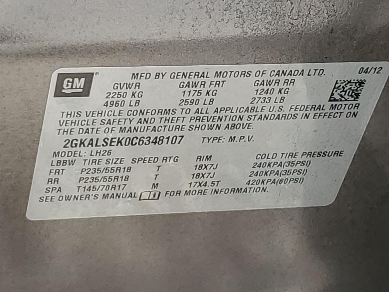 2012 GMC Terrain VIN 2GKALSEK0C6348107 Copart auction photo, front end damage thumbnail 12