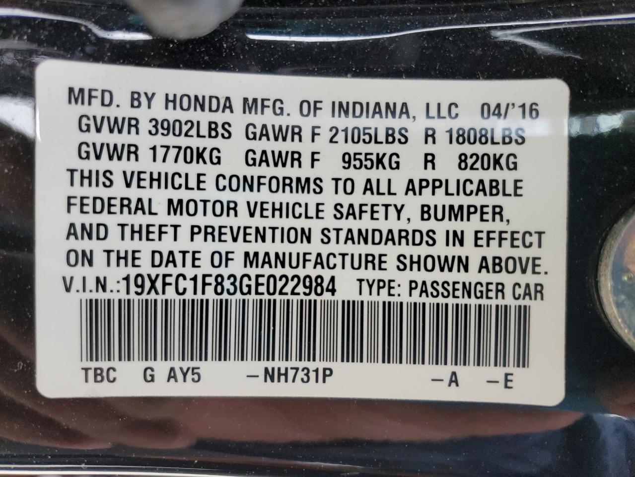 2016 Honda Civic VIN 19XFC1F83GE022984 Copart auction photo, all over damage thumbnail 13