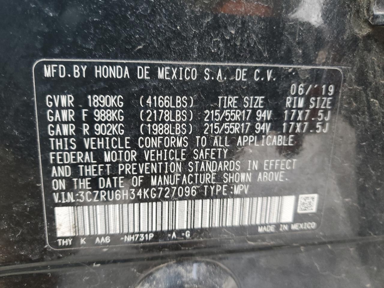 2019 Honda HR-V VIN 3CZRU6H34KG727096 Copart auction photo, front end damage thumbnail 13
