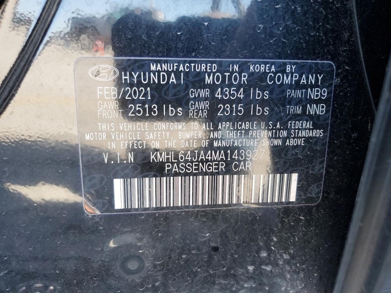 2021 Hyundai Sonata VIN KMHL64JA4MA143927 Copart auction photo, side / front end damage thumbnail 12