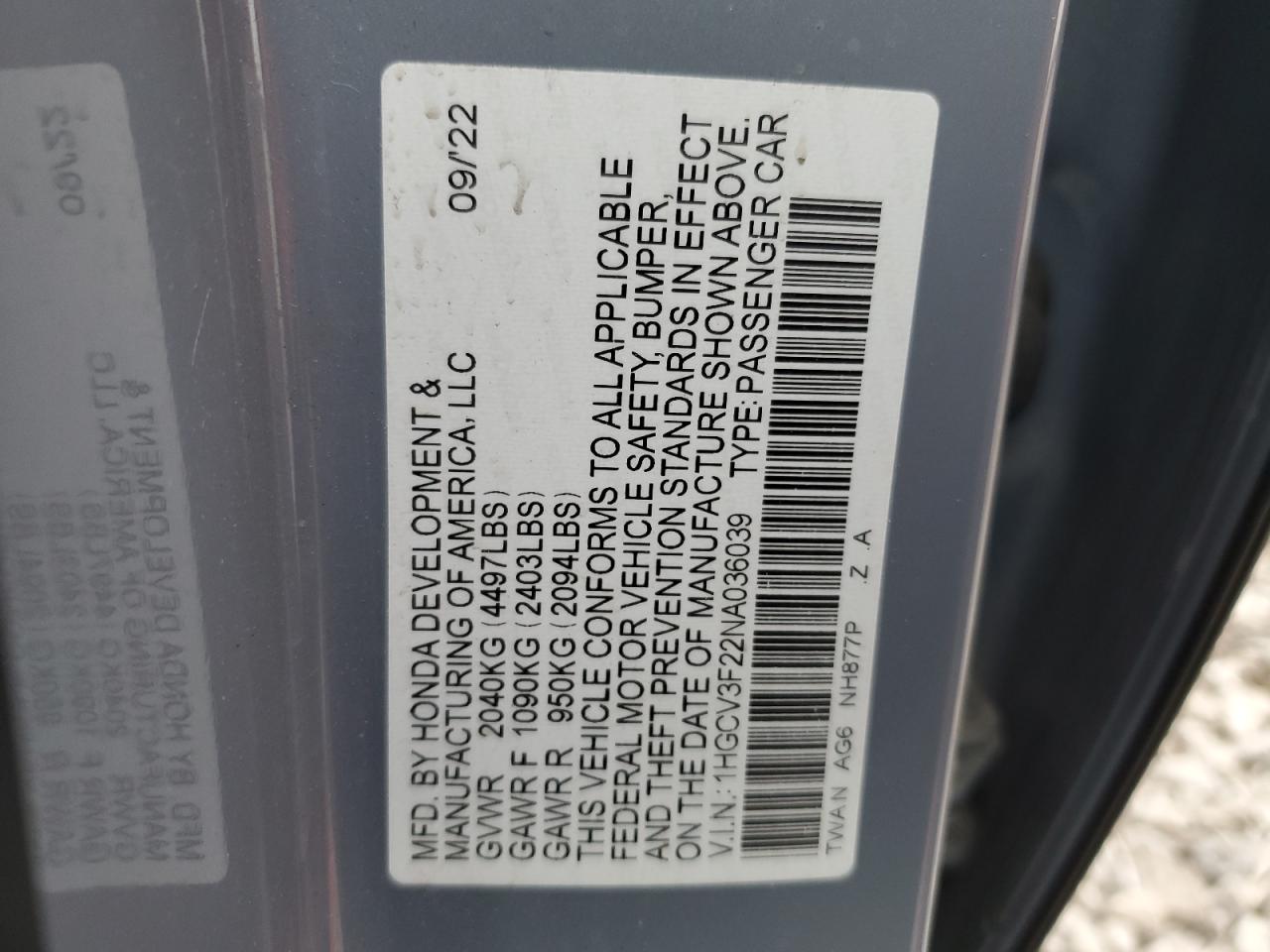 2022 Honda Accord VIN 1HGCV3F22NA036039 Copart auction photo, front end damage thumbnail 13