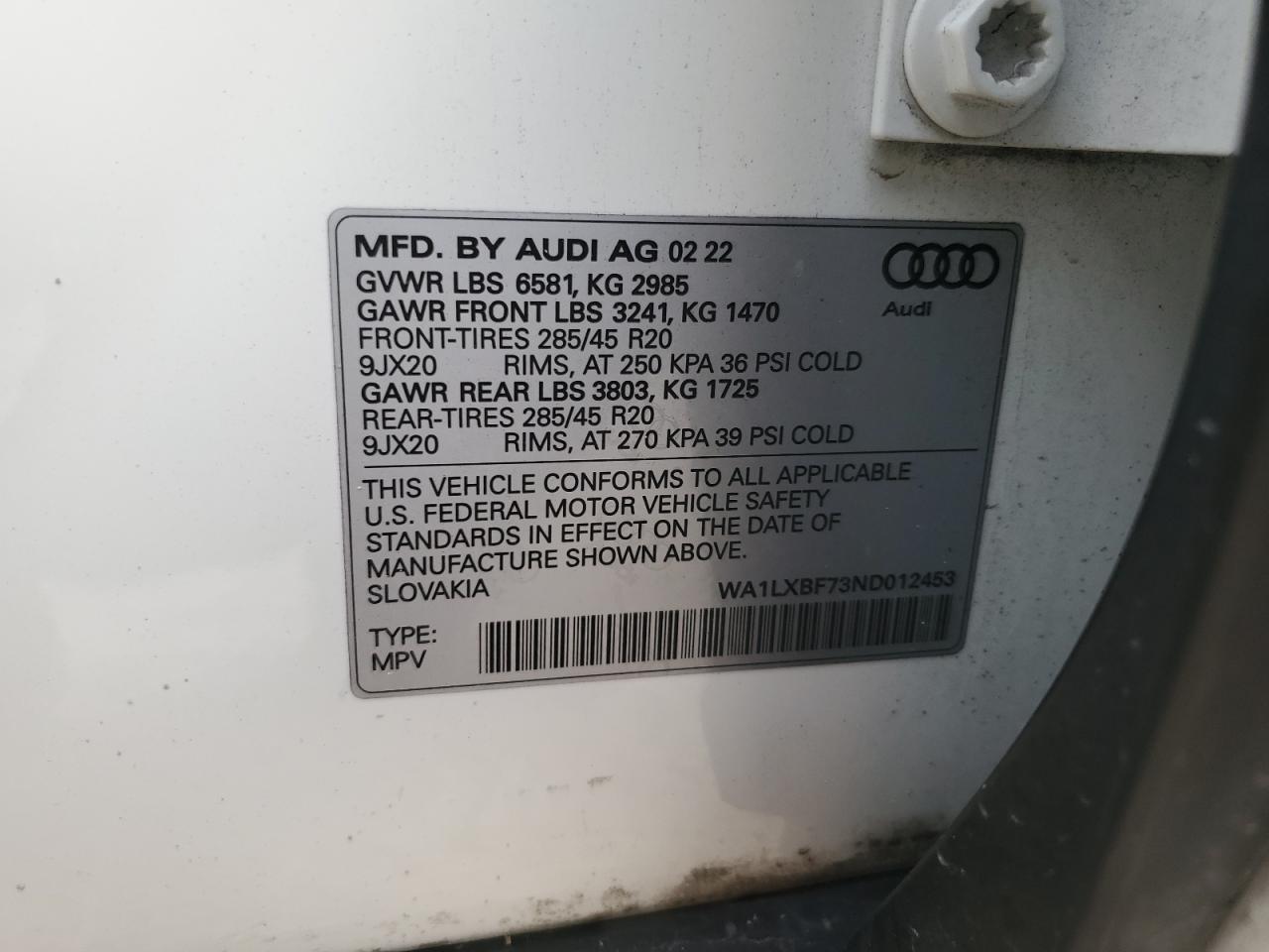 2022 Audi Q7 VIN WA1LXBF73ND012453 Copart auction photo, front end damage thumbnail 14