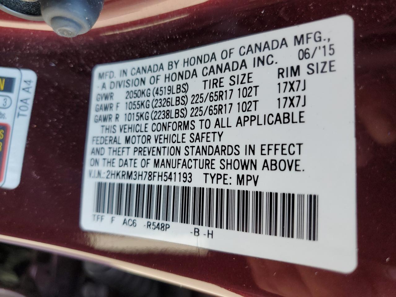 2015 Honda CR-V VIN 2HKRM3H78FH541193 Copart auction photo, front end / side damage thumbnail 16