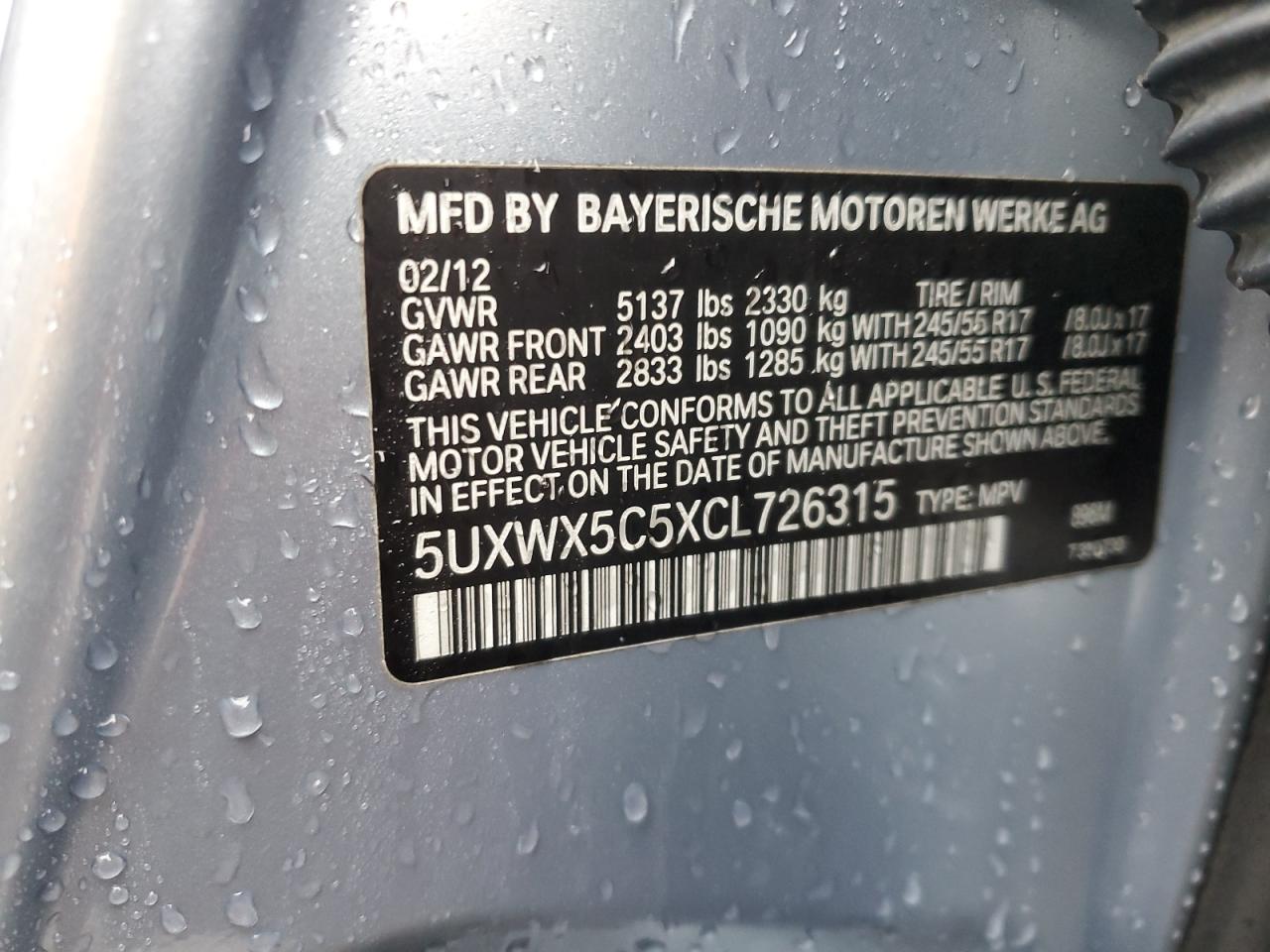 2012 BMW X3 VIN 5UXWX5C5XCL726315 Copart auction photo, front end damage thumbnail 13
